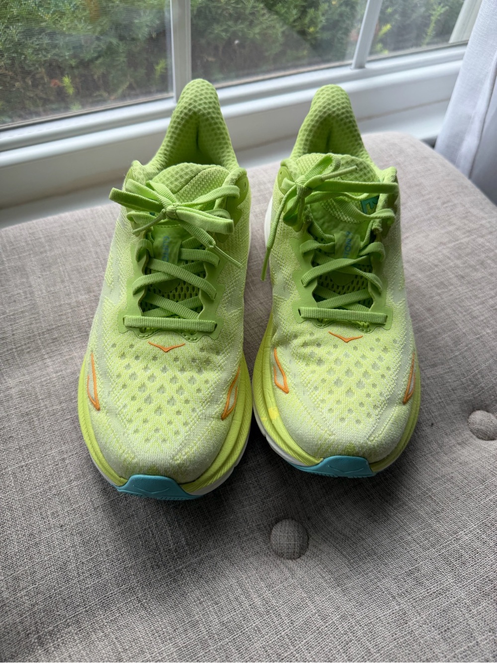 Hoka cliffton 9 Neon Lime Green Running Sneakers with Aqua Accents